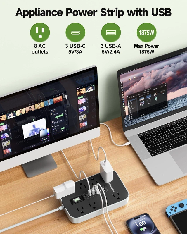 Alt view image 3 of 7 - Appliance Power Strip- 14 Guage Heavy Duty Extension Cord, 24in, 8 AC Outlet& 6 USB Ports 4.8A USB Charging Station, 1080J, High Wattage for Microwave, Conditioner, Kitchen, Garage Essentials
