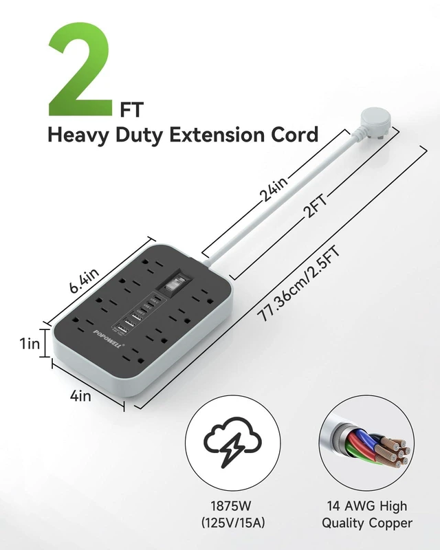 Alt view image 4 of 7 - Appliance Power Strip- 14 Guage Heavy Duty Extension Cord, 24in, 8 AC Outlet& 6 USB Ports 4.8A USB Charging Station, 1080J, High Wattage for Microwave, Conditioner, Kitchen, Garage Essentials