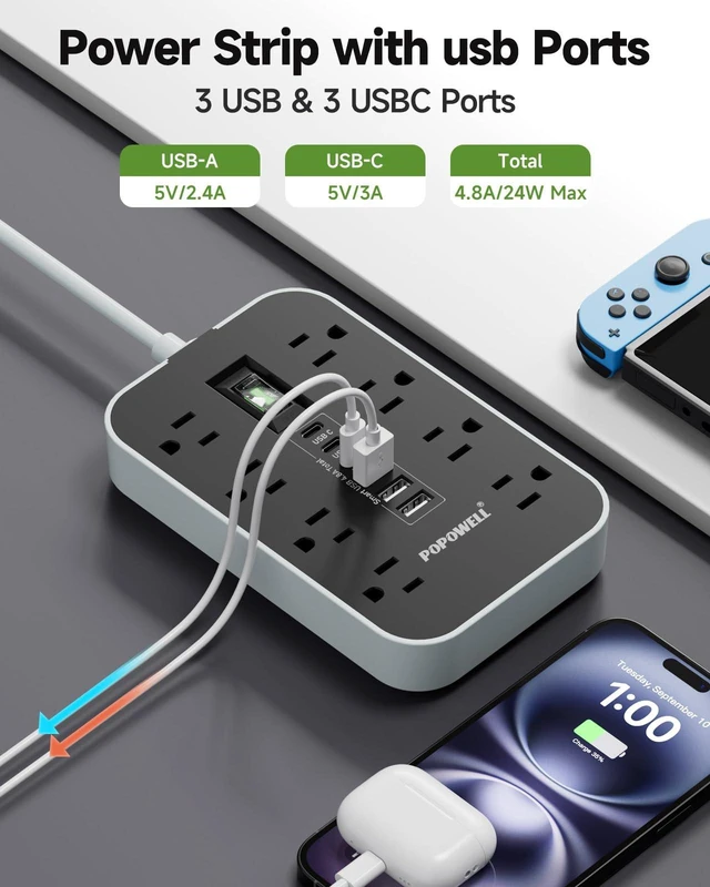Alt view image 5 of 7 - Appliance Power Strip- 14 Guage Heavy Duty Extension Cord, 24in, 8 AC Outlet& 6 USB Ports 4.8A USB Charging Station, 1080J, High Wattage for Microwave, Conditioner, Kitchen, Garage Essentials