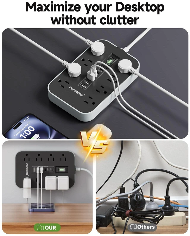 Alt view image 7 of 7 - Appliance Power Strip- 14 Guage Heavy Duty Extension Cord, 24in, 8 AC Outlet& 6 USB Ports 4.8A USB Charging Station, 1080J, High Wattage for Microwave, Conditioner, Kitchen, Garage Essentials