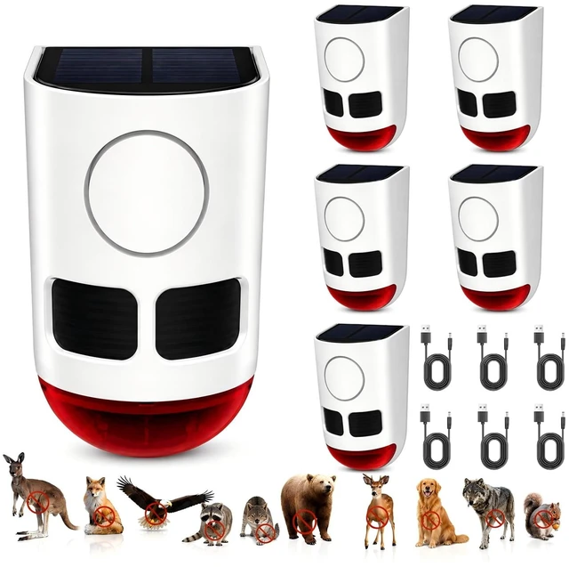 Main image of Solar Motion Sensor Alarm Outdoor Dog Barking Alarm 4 Mode 129dB Loud Sound Noise Maker IP65 Waterproof Motion Detector with Strobe Light for Yard Farm Garden 6 Pack