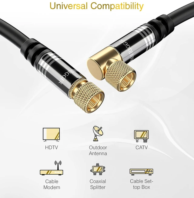Alt view image 3 of 7 - RG6 Digital Coaxial Audio Video Cable (6FT, 90° Angled to Straight Male F Type Connector, Triple Shielded) Coax Cable for HDTV, CATV, DVB-T2/C/S, Modem, Radio, Satellite Receivers