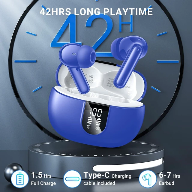 Alt view image 3 of 7 - Wireless Earbuds, 2024 Wireless Headphones HiFi Stereo Earphones with 4 ENC Noise Canceling Mic, 42Hs Playtime In Ear Earbud, Bluetooth 5.3 Sport Earphones with LED Power Display for Android iOS Blue