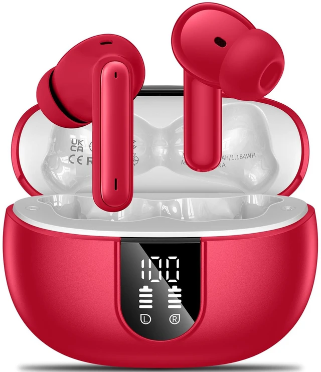 Main image of Wireless Earbuds, 2024 Wireless Headphones HiFi Stereo Earphones with 4 ENC Noise Canceling Mic, 42Hs Playtime In Ear Earbud, Bluetooth 5.3 Sport Earphones with LED Power Display for Android iOS Red