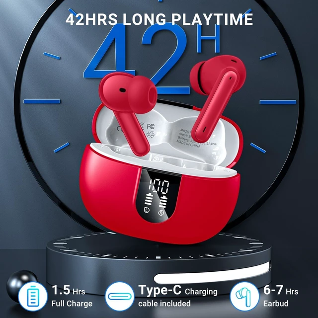 Alt view image 3 of 7 - Wireless Earbuds, 2024 Wireless Headphones HiFi Stereo Earphones with 4 ENC Noise Canceling Mic, 42Hs Playtime In Ear Earbud, Bluetooth 5.3 Sport Earphones with LED Power Display for Android iOS Red