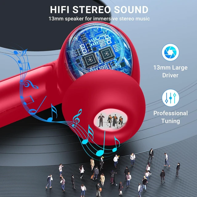 Alt view image 2 of 7 - Wireless Earbuds, 2024 Wireless Headphones HiFi Stereo Earphones with 4 ENC Noise Canceling Mic, 42Hs Playtime In Ear Earbud, Bluetooth 5.3 Sport Earphones with LED Power Display for Android iOS Red
