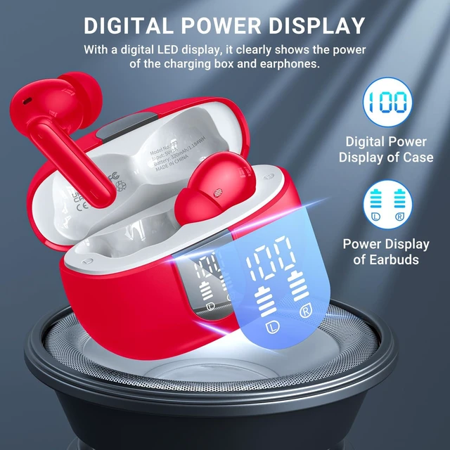 Alt view image 4 of 7 - Wireless Earbuds, 2024 Wireless Headphones HiFi Stereo Earphones with 4 ENC Noise Canceling Mic, 42Hs Playtime In Ear Earbud, Bluetooth 5.3 Sport Earphones with LED Power Display for Android iOS Red