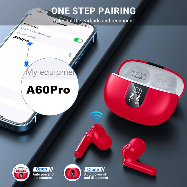 Alt view image 5 of 7 - Wireless Earbuds, 2024 Wireless Headphones HiFi Stereo Earphones with 4 ENC Noise Canceling Mic, 42Hs Playtime In Ear Earbud, Bluetooth 5.3 Sport Earphones with LED Power Display for Android iOS Red