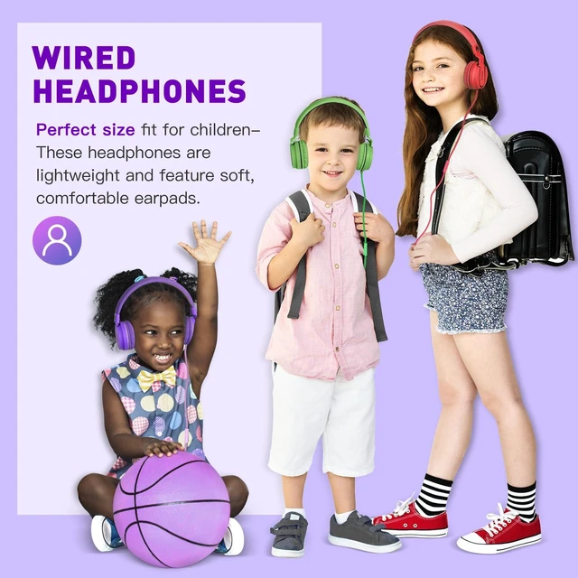 Alt view image 3 of 6 - 950 On-Ear Wired Headphones for Kids for School w/Mic & 3.5mm Foldable Portable Lightweight Corded Head phones for Boys Girls Childs / Laptop Phones Tablets Chromebooks MP3 Purple Pink