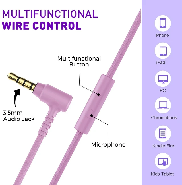 Alt view image 4 of 6 - 950 On-Ear Wired Headphones for Kids for School w/Mic & 3.5mm Foldable Portable Lightweight Corded Head phones for Boys Girls Childs / Laptop Phones Tablets Chromebooks MP3 Purple Pink