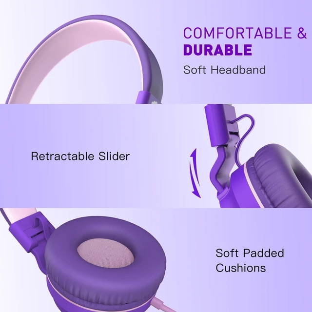 Alt view image 2 of 6 - 950 On-Ear Wired Headphones for Kids for School w/Mic & 3.5mm Foldable Portable Lightweight Corded Head phones for Boys Girls Childs / Laptop Phones Tablets Chromebooks MP3 Purple Pink