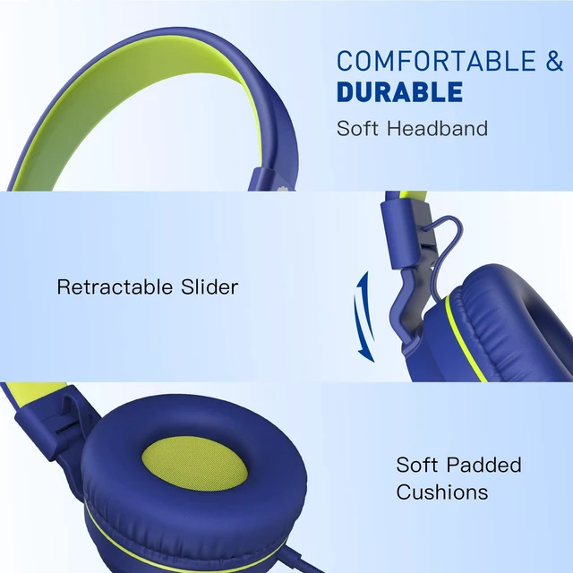 Alt view image 2 of 7 - 950 On-Ear Wired Headphones for Kids for School w/Mic & 3.5mm Foldable Portable Lightweight Corded Head phones for Boys Girls Childs / Laptop Phones Tablets Chromebooks MP3 Blue