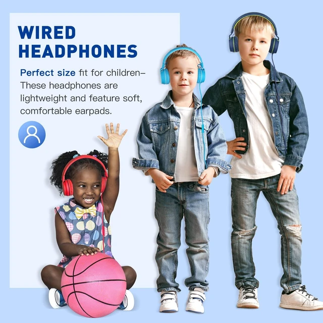Alt view image 3 of 7 - 950 On-Ear Wired Headphones for Kids for School w/Mic & 3.5mm Foldable Portable Lightweight Corded Head phones for Boys Girls Childs / Laptop Phones Tablets Chromebooks MP3 Blue