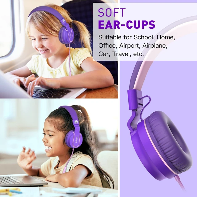 Alt view image 6 of 6 - 950 On-Ear Wired Headphones for Kids for School w/Mic & 3.5mm Foldable Portable Lightweight Corded Head phones for Boys Girls Childs / Laptop Phones Tablets Chromebooks MP3 Purple Pink