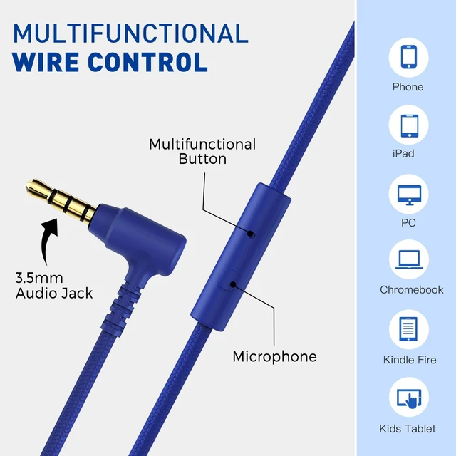 Alt view image 4 of 7 - 950 On-Ear Wired Headphones for Kids for School w/Mic & 3.5mm Foldable Portable Lightweight Corded Head phones for Boys Girls Childs / Laptop Phones Tablets Chromebooks MP3 Blue