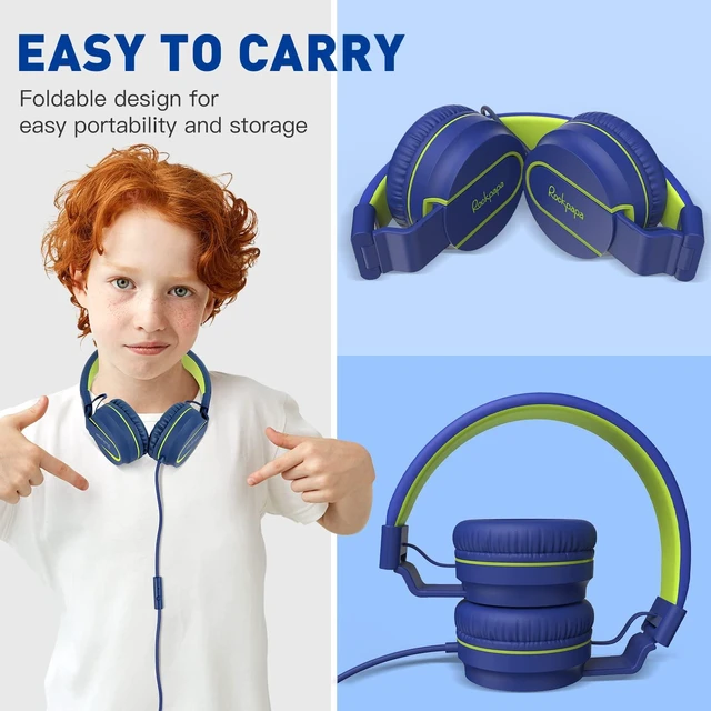 Alt view image 6 of 7 - 950 On-Ear Wired Headphones for Kids for School w/Mic & 3.5mm Foldable Portable Lightweight Corded Head phones for Boys Girls Childs / Laptop Phones Tablets Chromebooks MP3 Blue