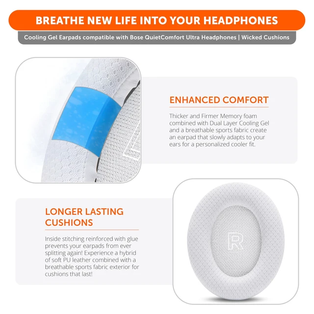 Alt view image 4 of 7 - Freeze QC Ultra - Cooling Gel Earpads for Bose QuietComfort Ultra 1 & 2 Made by Wicked Cushions Breathable Fabric, XL Ear Opening & Thickness, Cooler For Longer White