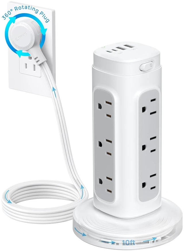 Main image of Rotating Plug Power Strip Tower with Semi-Retractable Cord 10 ft Space-Saving Vertical Tower Surge Protector 1700J, 12 AC, 4 USB PD 20W, Home Office Desk Supplies Dorm Room Essentials, White
