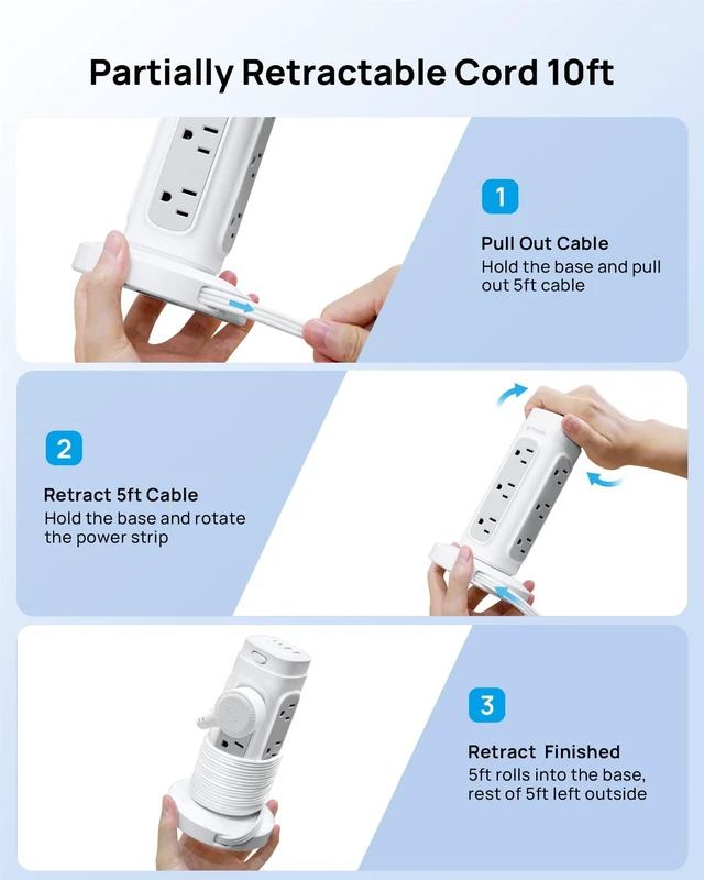 Alt view image 3 of 7 - Rotating Plug Power Strip Tower with Semi-Retractable Cord 10 ft Space-Saving Vertical Tower Surge Protector 1700J, 12 AC, 4 USB PD 20W, Home Office Desk Supplies Dorm Room Essentials, White