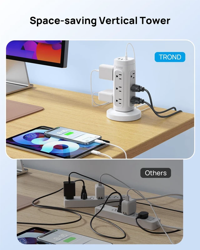 Alt view image 4 of 7 - Rotating Plug Power Strip Tower with Semi-Retractable Cord 10 ft Space-Saving Vertical Tower Surge Protector 1700J, 12 AC, 4 USB PD 20W, Home Office Desk Supplies Dorm Room Essentials, White