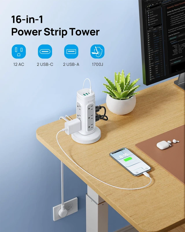 Alt view image 5 of 7 - Rotating Plug Power Strip Tower with Semi-Retractable Cord 10 ft Space-Saving Vertical Tower Surge Protector 1700J, 12 AC, 4 USB PD 20W, Home Office Desk Supplies Dorm Room Essentials, White