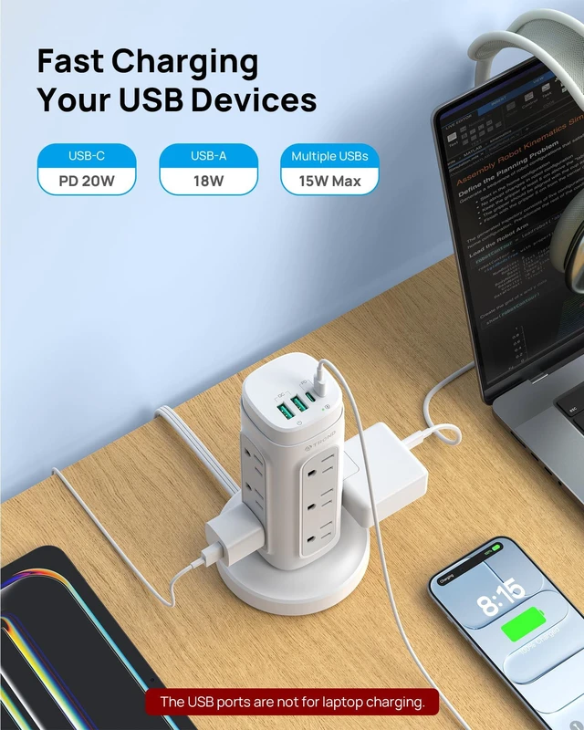 Alt view image 6 of 7 - Rotating Plug Power Strip Tower with Semi-Retractable Cord 10 ft Space-Saving Vertical Tower Surge Protector 1700J, 12 AC, 4 USB PD 20W, Home Office Desk Supplies Dorm Room Essentials, White