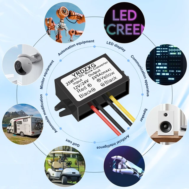 Alt view image 6 of 6 - (3 pcs) 5V Buck Converter 12 V/24 V to 5 V 5A 25W DC Regulator to 5 V DC Step-Down Converter Waterproof Module for Golf Carts, Cars, and Trucks LED Power Adapter