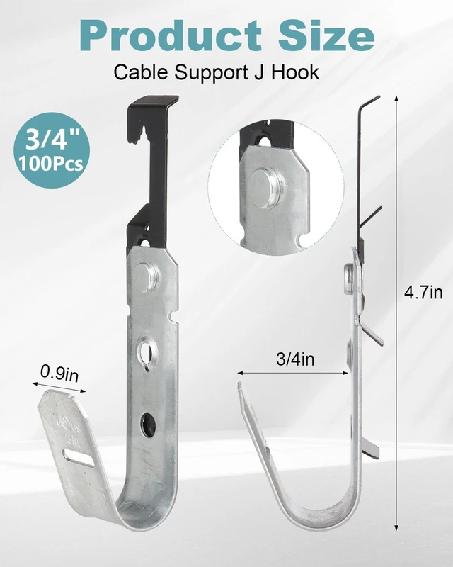Alt view image 2 of 7 - 100 Pcs Galvanized Steel J Hooks, 3/4 Inch Cable J Hook Bat Wings Wall Mounted Cable Support J-Hooks for Hanging, J Hooks for Cable Management