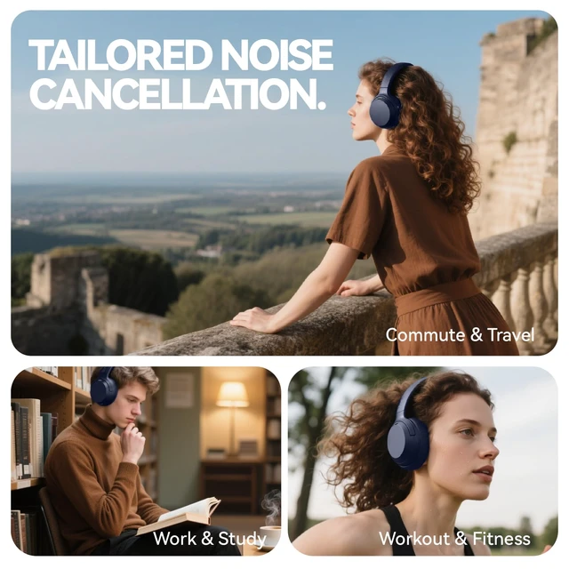 Alt view image 5 of 7 - Hybrid Active Noise Cancelling Headphones, Wireless Over Ear Bluetooth Headphones with Mic, 40H Playtime, Hi-Res Audio, Deep Bass, Foldable Comfort Fit Ear Cups for Travel, Office, Home (Blue)