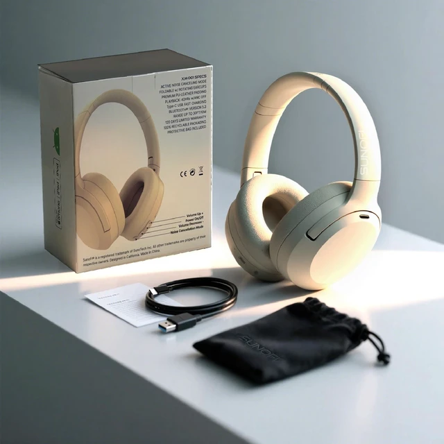 Alt view image 7 of 7 - Hybrid Active Noise Cancelling Headphones, Wireless Over Ear Bluetooth Headphones with Mic, 40H Playtime, Hi-Res Audio, Deep Bass, Foldable Comfort Fit Ear Cups for Travel, Office, Home (White)