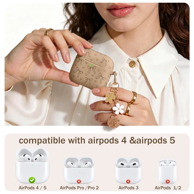 Alt view image 2 of 7 - for Airpods 5 Case & Airpods 4 Cute Case Cover with Cleaner Kit Engraved Soft Silicone Protective Case for AirPods 4 & AirPods 5 with Flower Charm Keychain, Carabiner for Girly Women Men