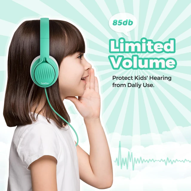 Alt view image 2 of 7 - Kids Headphones with Cord for School, 85dB, 3.5mm Jack-Green Upgraded Stereo Sound, Foldable Design, Adjustable On-Ear Kids Headphones for Toddler/Boys/Girls/Tablet/Classroom/Travel