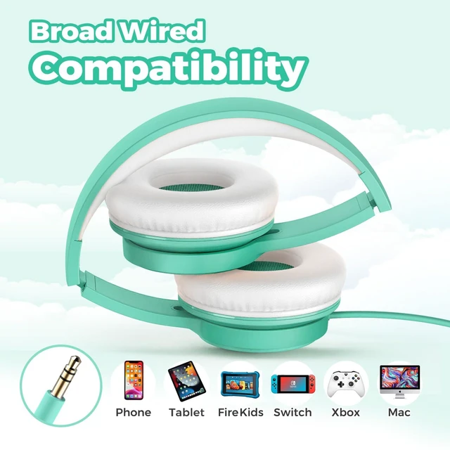 Alt view image 6 of 7 - Kids Headphones with Cord for School, 85dB, 3.5mm Jack-Green Upgraded Stereo Sound, Foldable Design, Adjustable On-Ear Kids Headphones for Toddler/Boys/Girls/Tablet/Classroom/Travel