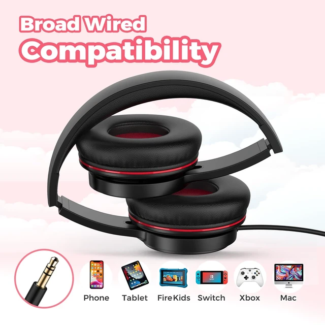 Alt view image 6 of 7 - Kids Headphones with Cord for School, 85dB, 3.5mm Jack-Black Red Upgraded Stereo Sound, Foldable Design, Adjustable On-Ear Kids Headphones for Toddler/Boys/Girls/Tablet/Classroom/Travel