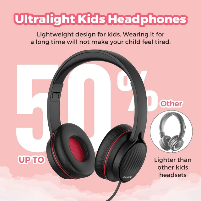 Alt view image 7 of 7 - Kids Headphones with Cord for School, 85dB, 3.5mm Jack-Black Red Upgraded Stereo Sound, Foldable Design, Adjustable On-Ear Kids Headphones for Toddler/Boys/Girls/Tablet/Classroom/Travel