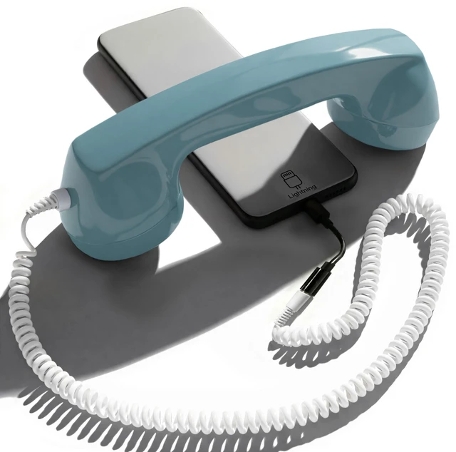 Main image of 60s Micro Retro Phone Handset for Smartphones, Azure Turns your cell into a corded receiver. Office desk accessory, plug in and talk, no battery or pairing