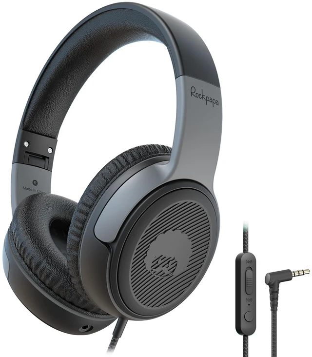 Main image of 3.5mm Kids Headphones Wired with Mic & Share Port, 85/94dB Limited Student Childs Boys Girls Corded Head phones Foldable for Chromebooks Laptop Phones MP3 Black/Grey
