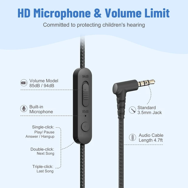 Alt view image 4 of 7 - 3.5mm Kids Headphones Wired with Mic & Share Port, 85/94dB Limited Student Childs Boys Girls Corded Head phones Foldable for Chromebooks Laptop Phones MP3 Black/Grey