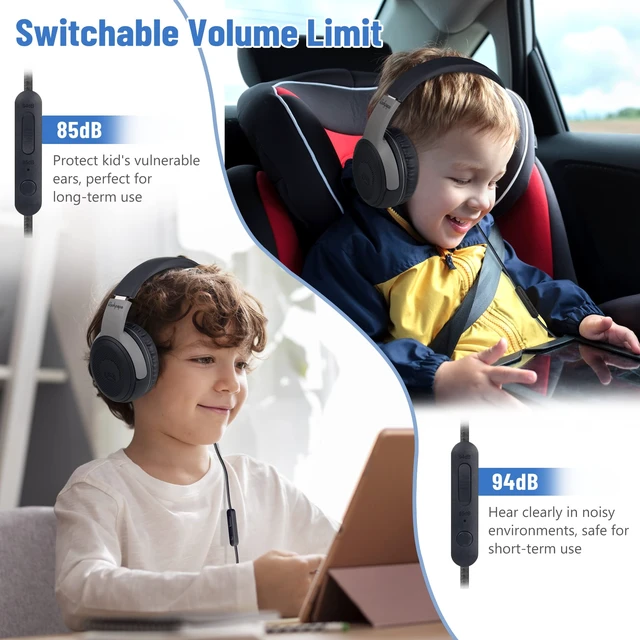 Alt view image 5 of 7 - 3.5mm Kids Headphones Wired with Mic & Share Port, 85/94dB Limited Student Childs Boys Girls Corded Head phones Foldable for Chromebooks Laptop Phones MP3 Black/Grey