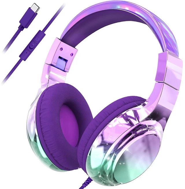 Main image of USB C Kids Wired Headphones with Mic, 85/94dB Safe Volume Limit Kids headphones with cord, foldable on-ear fit, tangle-free, sharing port for school, Chromebook, tablet, travel, boys girls