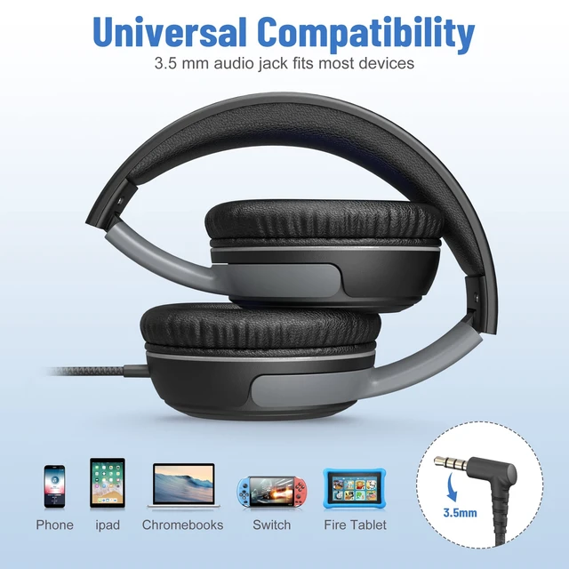 Alt view image 6 of 7 - 3.5mm Kids Headphones Wired with Mic & Share Port, 85/94dB Limited Student Childs Boys Girls Corded Head phones Foldable for Chromebooks Laptop Phones MP3 Black/Grey