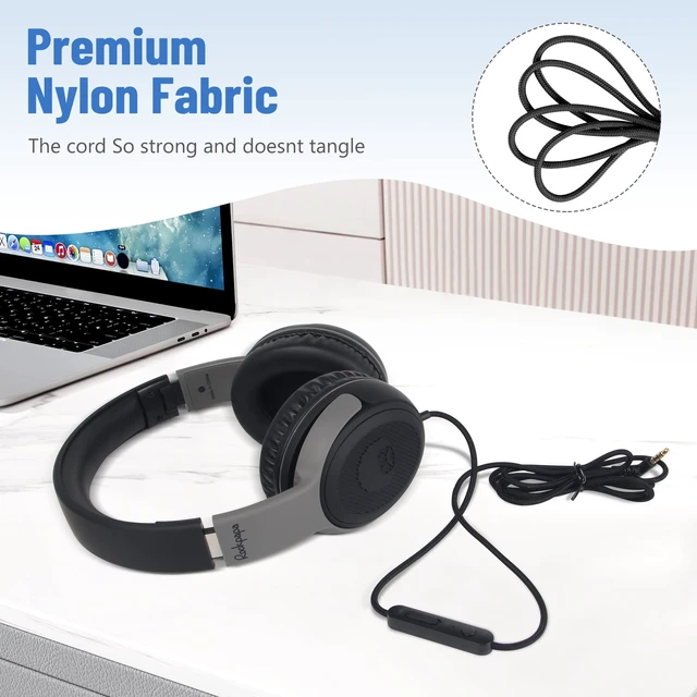 Alt view image 7 of 7 - 3.5mm Kids Headphones Wired with Mic & Share Port, 85/94dB Limited Student Childs Boys Girls Corded Head phones Foldable for Chromebooks Laptop Phones MP3 Black/Grey