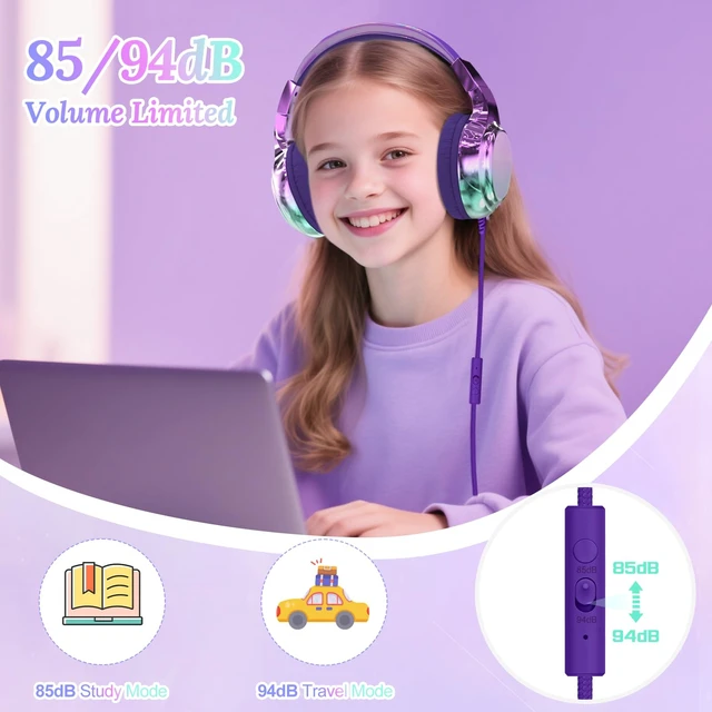 Alt view image 3 of 7 - USB C Kids Wired Headphones with Mic, 85/94dB Safe Volume Limit Kids headphones with cord, foldable on-ear fit, tangle-free, sharing port for school, Chromebook, tablet, travel, boys girls
