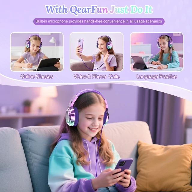 Alt view image 4 of 7 - USB C Kids Wired Headphones with Mic, 85/94dB Safe Volume Limit Kids headphones with cord, foldable on-ear fit, tangle-free, sharing port for school, Chromebook, tablet, travel, boys girls