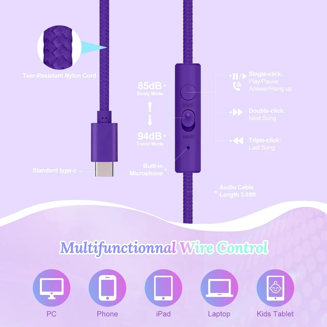 Alt view image 5 of 7 - USB C Kids Wired Headphones with Mic, 85/94dB Safe Volume Limit Kids headphones with cord, foldable on-ear fit, tangle-free, sharing port for school, Chromebook, tablet, travel, boys girls