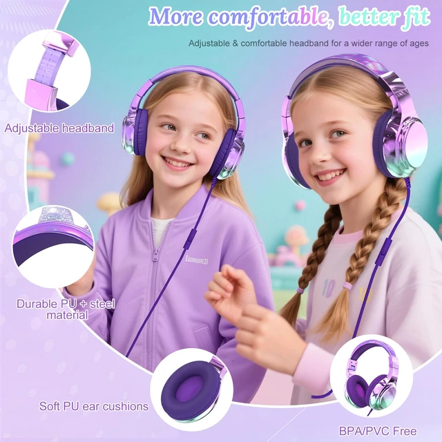 Alt view image 7 of 7 - USB C Kids Wired Headphones with Mic, 85/94dB Safe Volume Limit Kids headphones with cord, foldable on-ear fit, tangle-free, sharing port for school, Chromebook, tablet, travel, boys girls