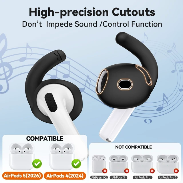 Alt view image 2 of 7 - 4 Pairs Anti-Slip for AirPods 5 / AirPods 4 Ear Tips Hooks (Black) Silicone, Soft, Skin-friendly, Comfortable to Wear, Fits All Ear Shapes, with Cleaning Pen/Carabiner/Storage Pouch