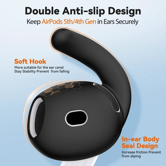 Alt view image 3 of 7 - 4 Pairs Anti-Slip for AirPods 5 / AirPods 4 Ear Tips Hooks (Black) Silicone, Soft, Skin-friendly, Comfortable to Wear, Fits All Ear Shapes, with Cleaning Pen/Carabiner/Storage Pouch