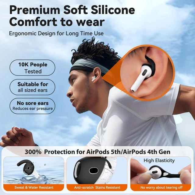 Alt view image 4 of 7 - 4 Pairs Anti-Slip for AirPods 5 / AirPods 4 Ear Tips Hooks (Black) Silicone, Soft, Skin-friendly, Comfortable to Wear, Fits All Ear Shapes, with Cleaning Pen/Carabiner/Storage Pouch