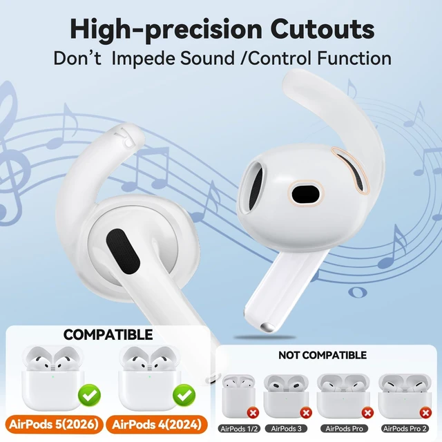 Alt view image 2 of 7 - 4 Pairs Anti-Slip for AirPods 5/AirPods 4 Ear Tips Hooks(Transparent) Silicone, Soft, Skin-friendly, Comfortable to Wear, Fits All Ear Shapes, with Cleaning Pen/Carabiner/Storage Pouch
